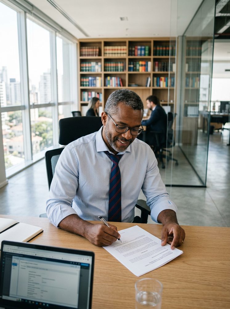 Advogado trabalhando em escritório moderno e claro — profissional liberal também precisa do Perfil da Empresa no Google