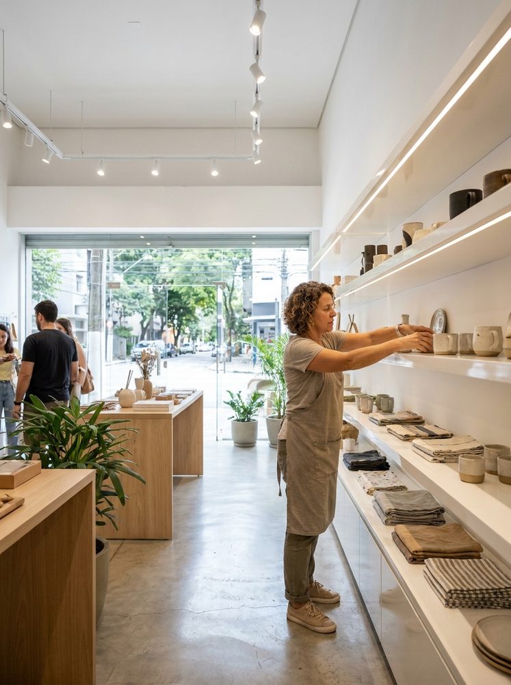 Interior de loja moderna e iluminada com produtos organizados nas prateleiras — negócio com porta de rua no Google Meu Negócio