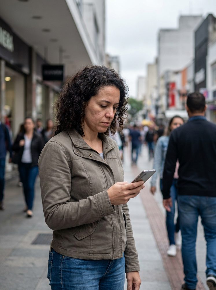 Mulher parada na calçada de uma rua comercial olhando o celular — é assim que o cliente procura um negócio antes de decidir onde ir
