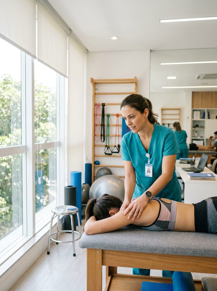 Fisioterapeuta atendendo paciente em clínica de fisioterapia clara e moderna
