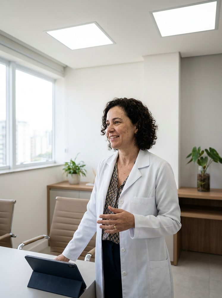 Médica de jaleco branco em consultório moderno e bem iluminado — profissionais de saúde têm normas de conselho sobre publicidade e avaliações no Google