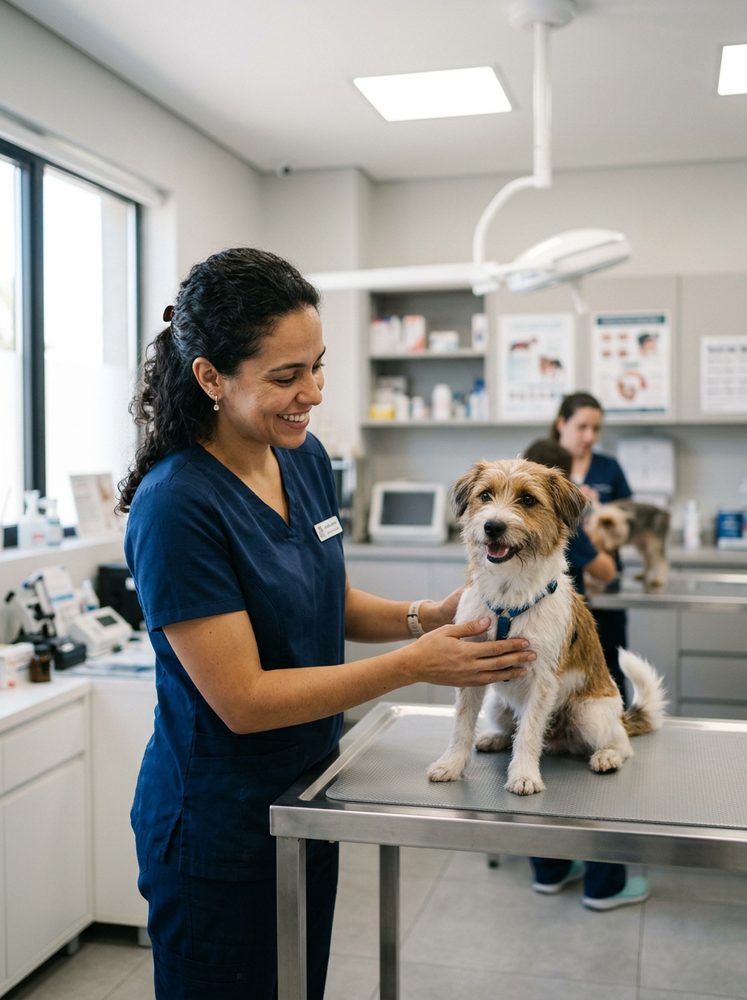 Veterinária examinando um cachorro em clínica veterinária moderna